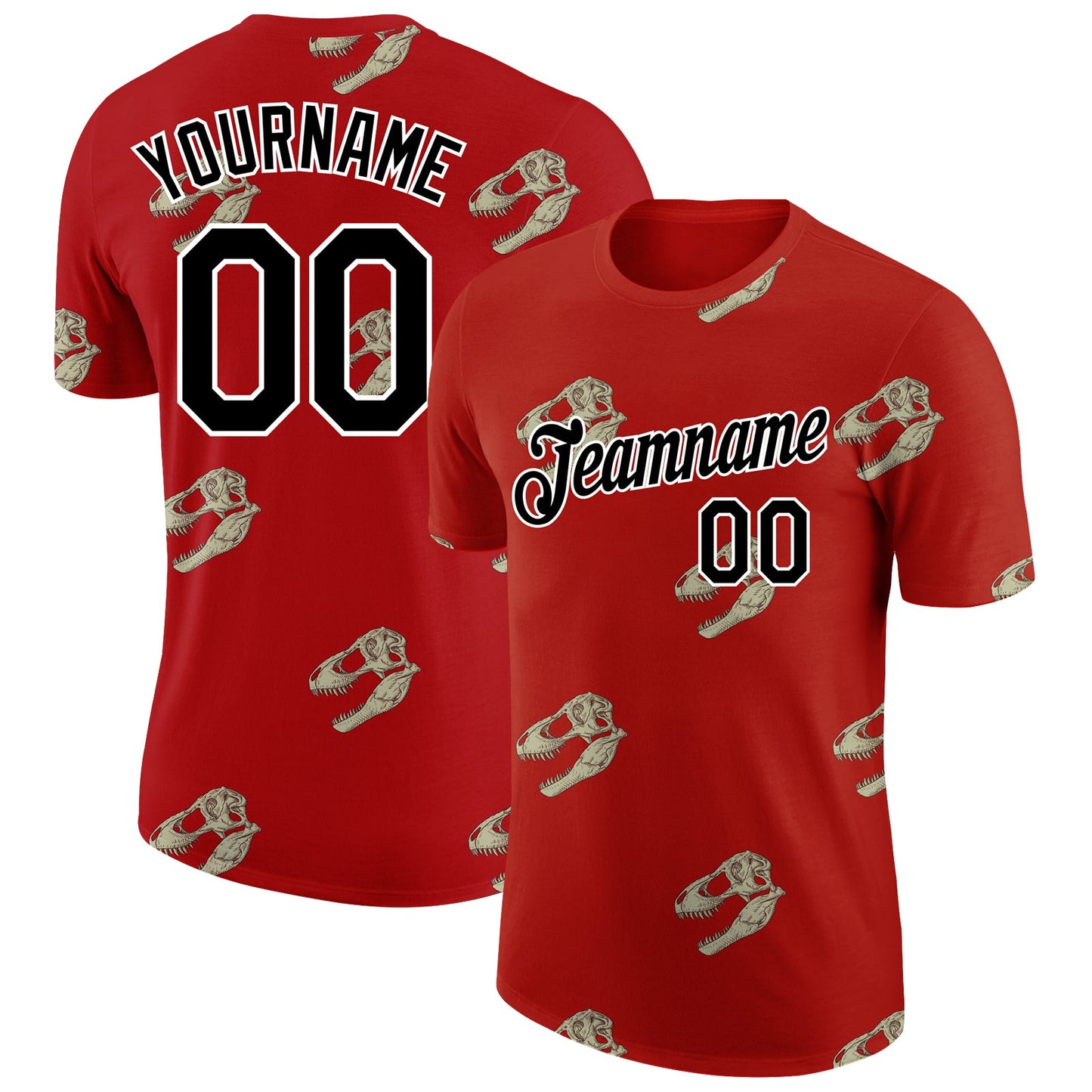 Custom Red Black-White 3D Pattern Design Dinosaur Skull Performance T-Shirt - Main View