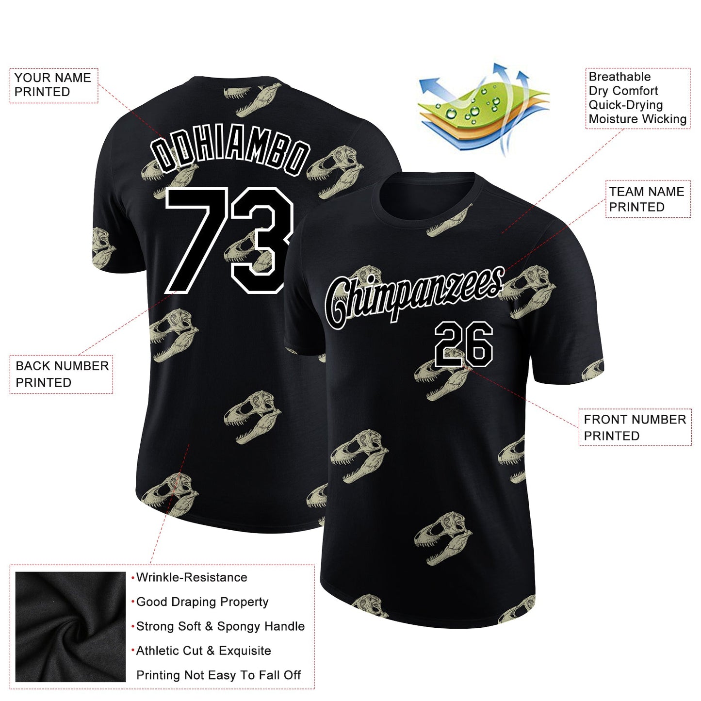 Custom Black White 3D Pattern Design Dinosaur Skull Performance T-Shirt view 2