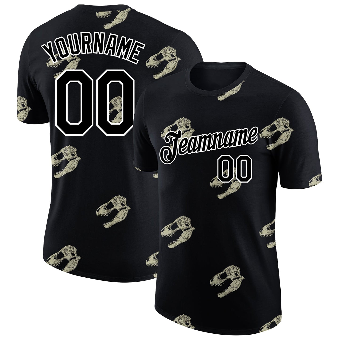 Custom Black White 3D Pattern Design Dinosaur Skull Performance T-Shirt - Main View