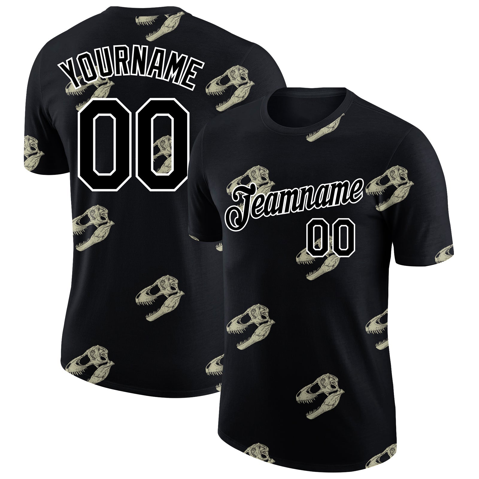 Custom Black White 3D Pattern Design Dinosaur Skull Performance T-Shirt - Main View