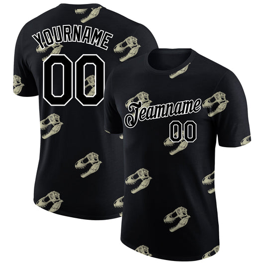 Custom Black White 3D Pattern Design Dinosaur Skull Performance T-Shirt - Main View