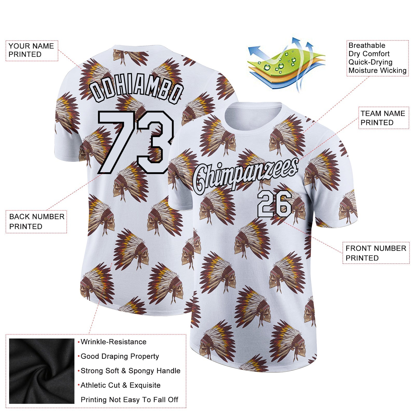 Custom White Black 3D Pattern Design Skull With Feather Headdress Performance T-Shirt view 2