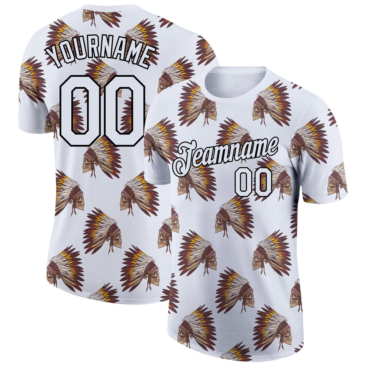 Custom White Black 3D Pattern Design Skull With Feather Headdress Performance T-Shirt - Main View