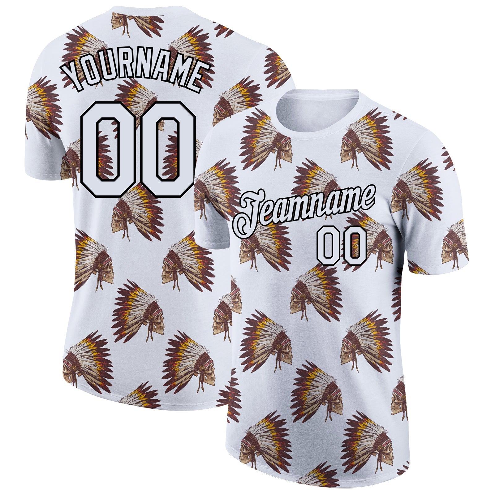 Custom White Black 3D Pattern Design Skull With Feather Headdress Performance T-Shirt - Main View
