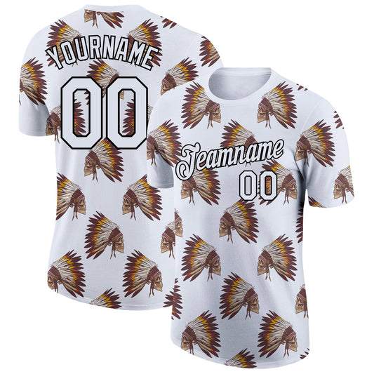Custom White Black 3D Pattern Design Skull With Feather Headdress Performance T-Shirt - Main View