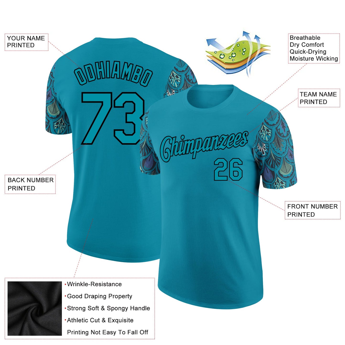 Custom Teal Black 3D Pattern Design Feather Performance T-Shirt view 2