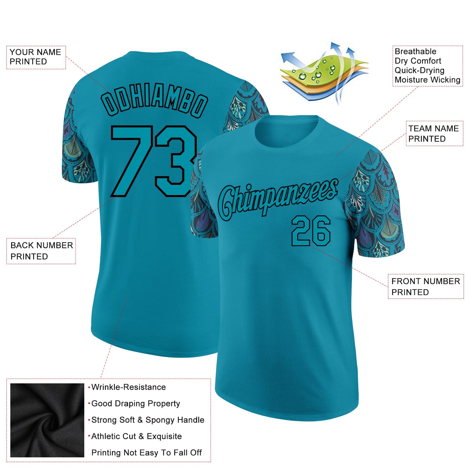 Custom Teal Black 3D Pattern Design Feather Performance T-Shirt view 2