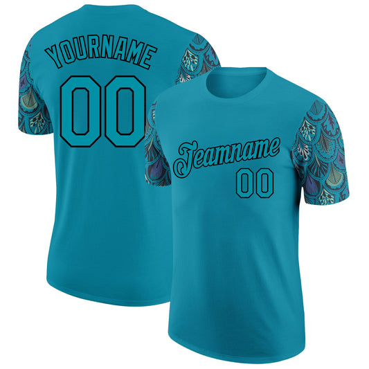 Custom Teal Black 3D Pattern Design Feather Performance T-Shirt - Main View
