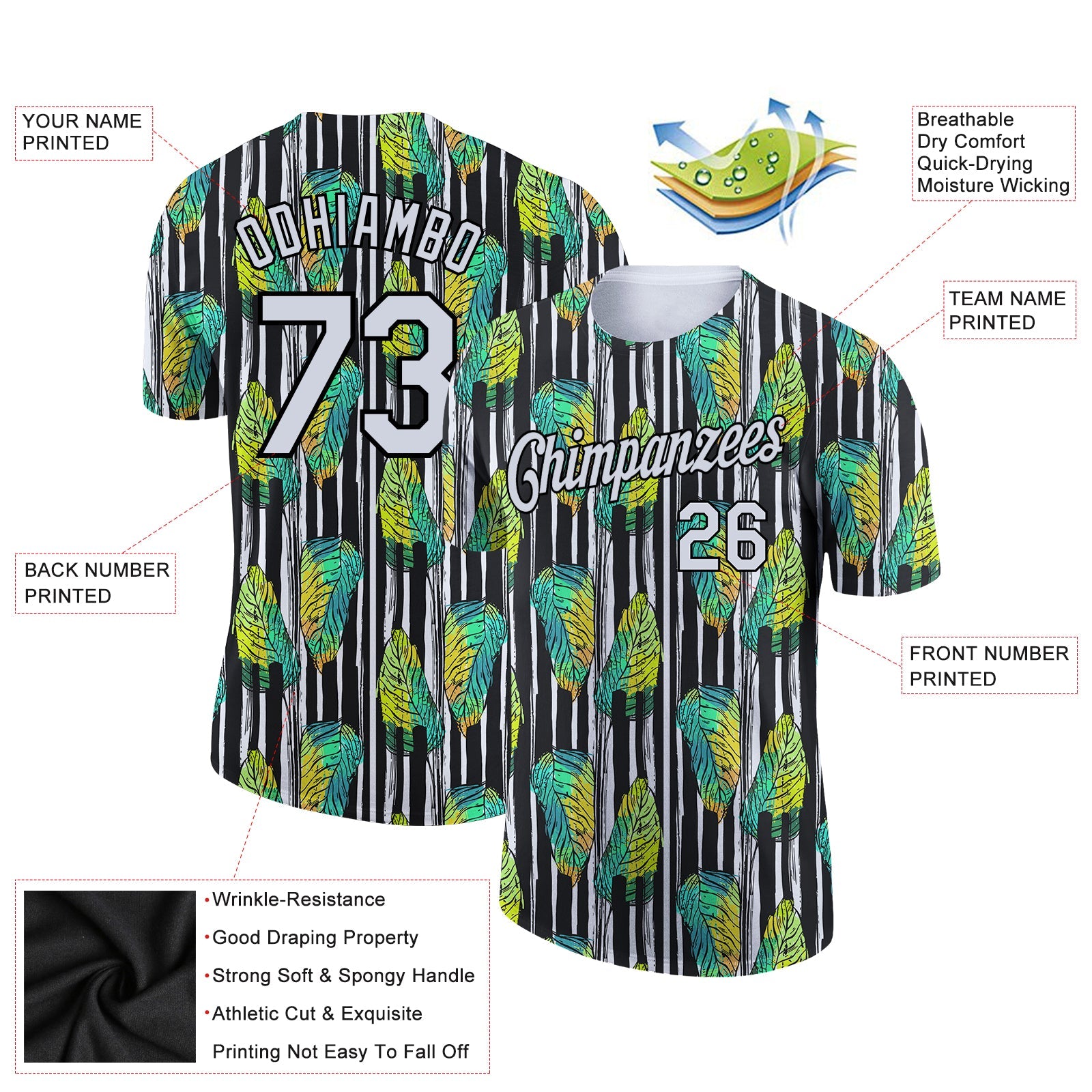 Custom Black White 3D Pattern Design Tropical Palm Leaf Performance T-Shirt view 2