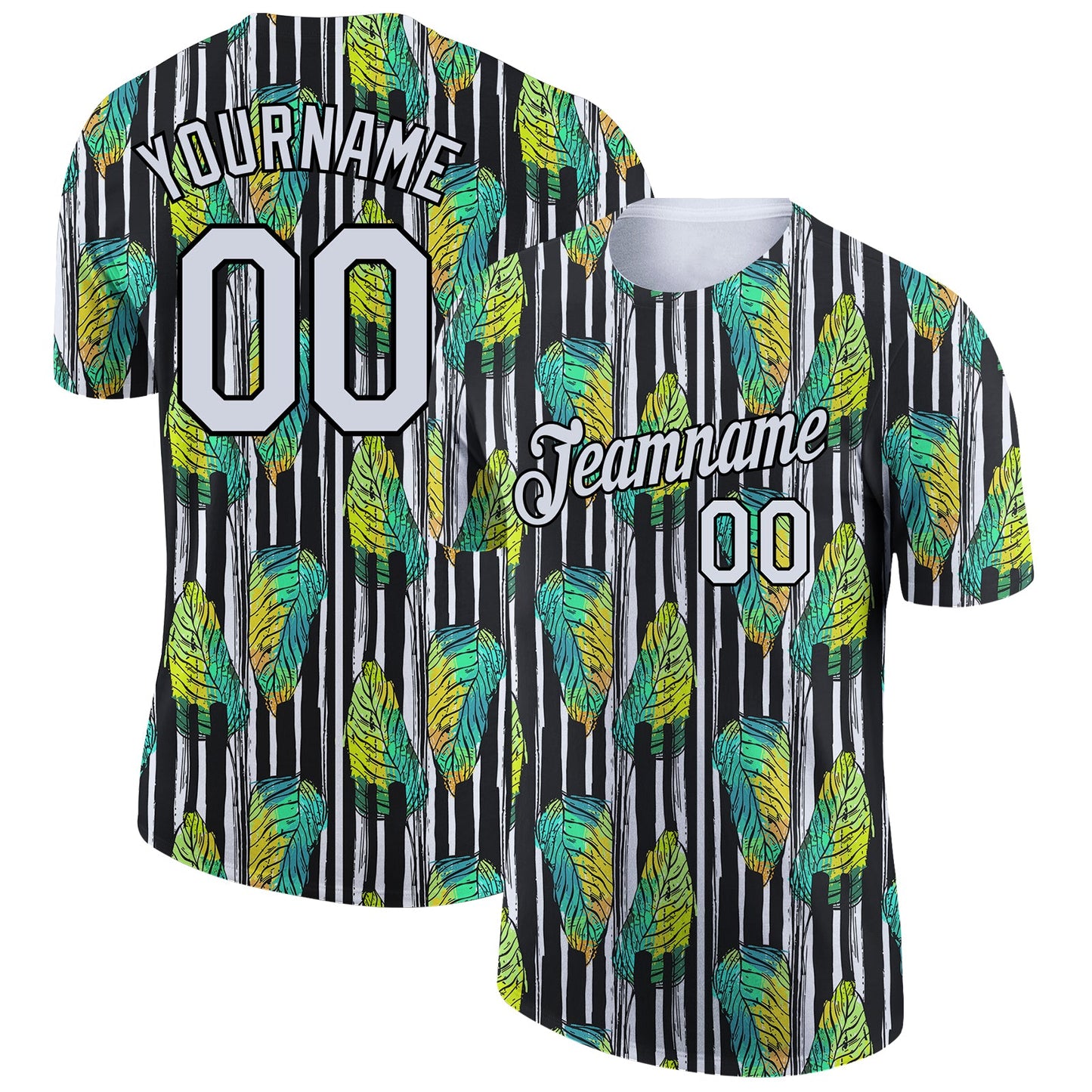 Custom Black White 3D Pattern Design Tropical Palm Leaf Performance T-Shirt - Main View