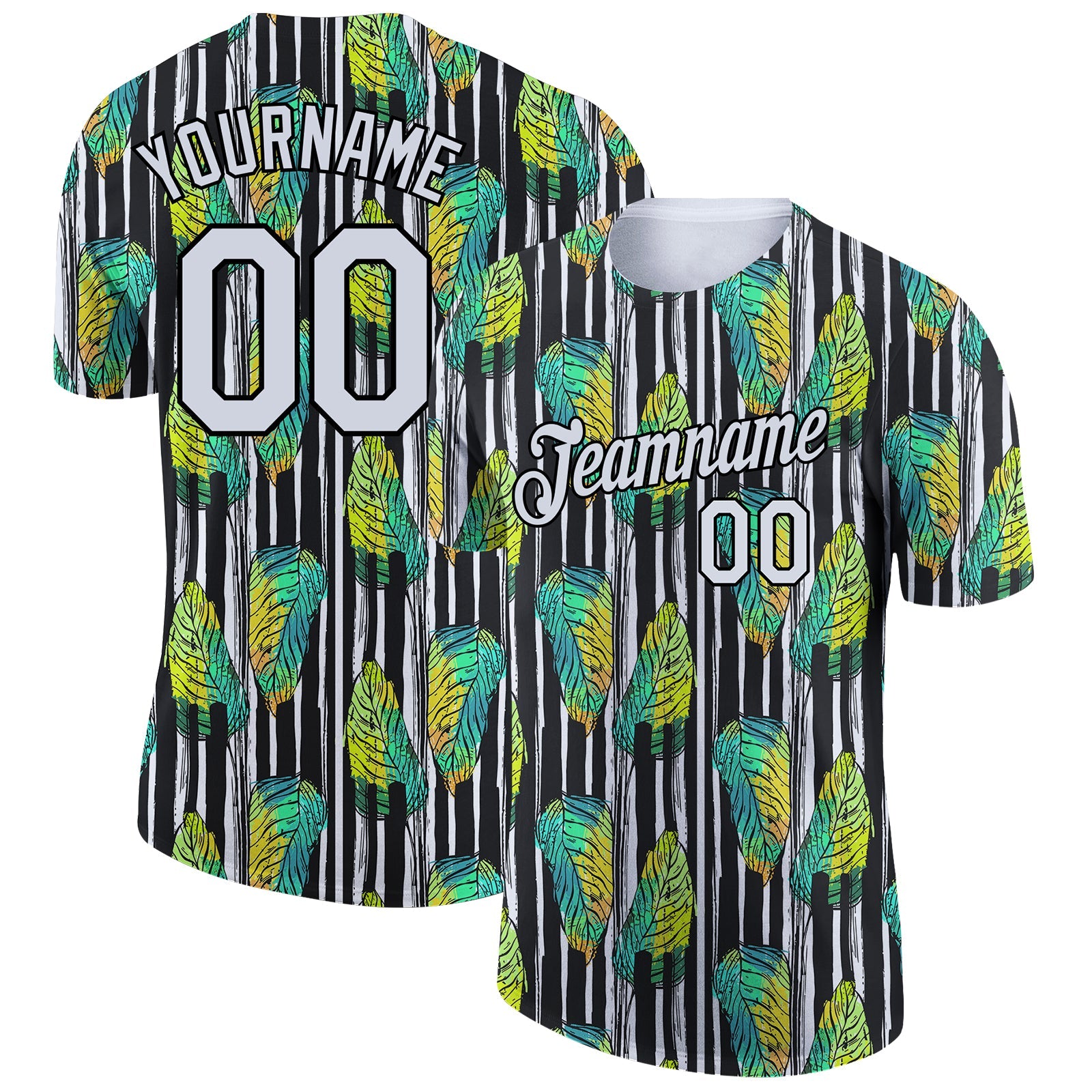 Custom Black White 3D Pattern Design Tropical Palm Leaf Performance T-Shirt - Main View