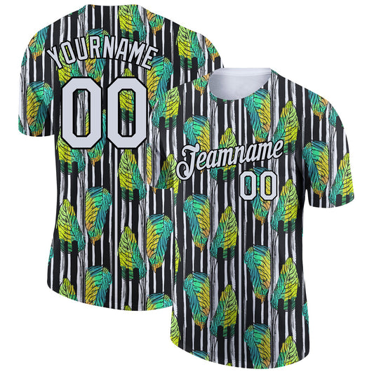 Custom Black White 3D Pattern Design Tropical Palm Leaf Performance T-Shirt - Main View