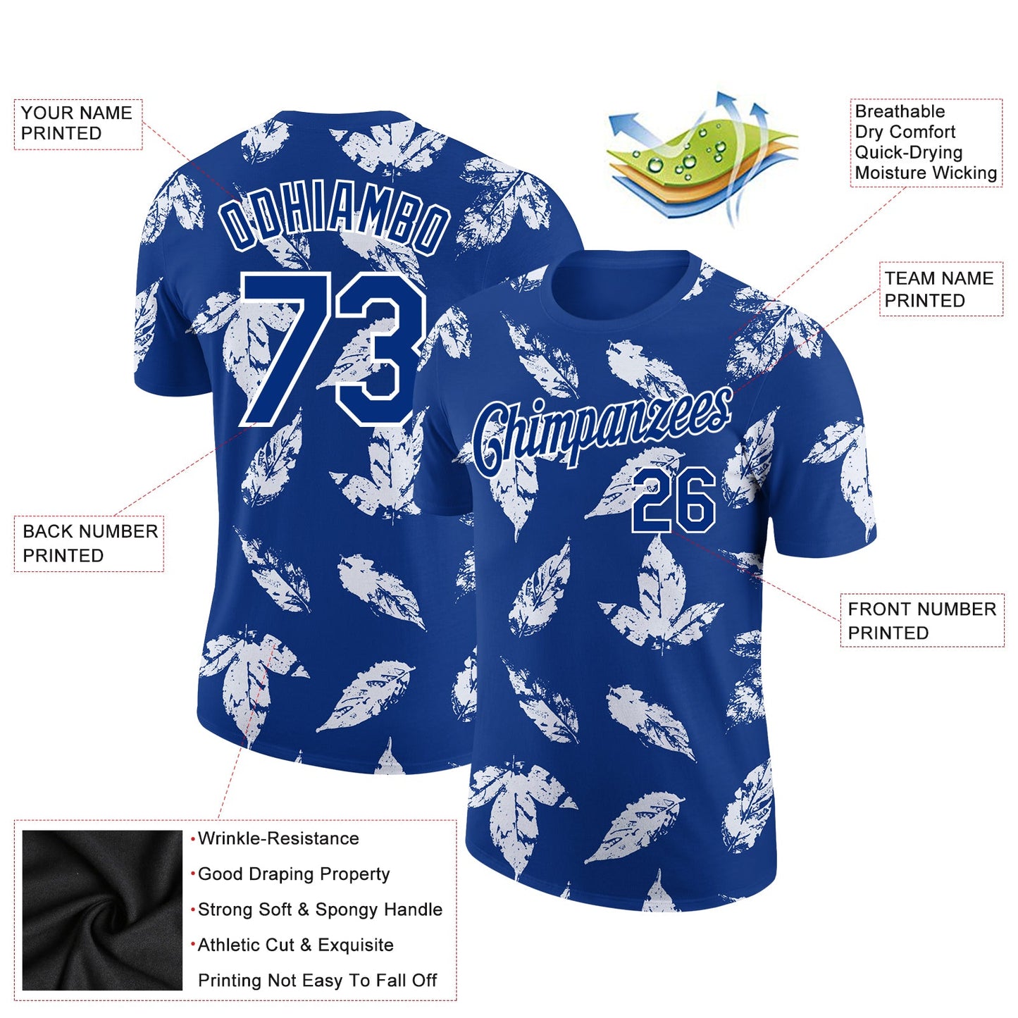 Custom Royal White 3D Pattern Design Tropical Palm Leaf Performance T-Shirt view 2