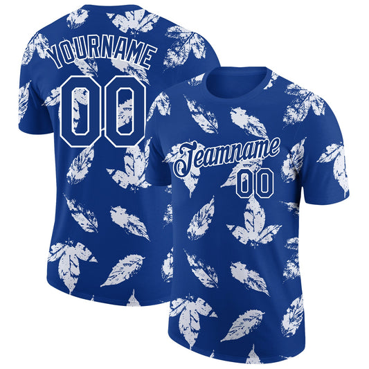 Custom Royal White 3D Pattern Design Tropical Palm Leaf Performance T-Shirt - Main View