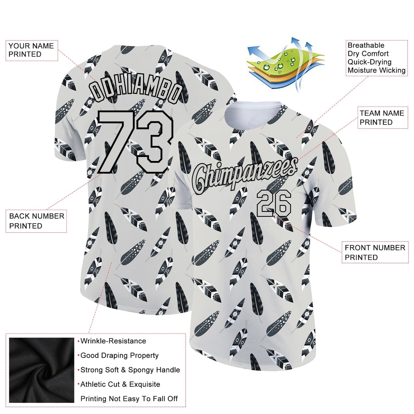 Custom Light Gray Black 3D Pattern Design Feather Performance T-Shirt view 2