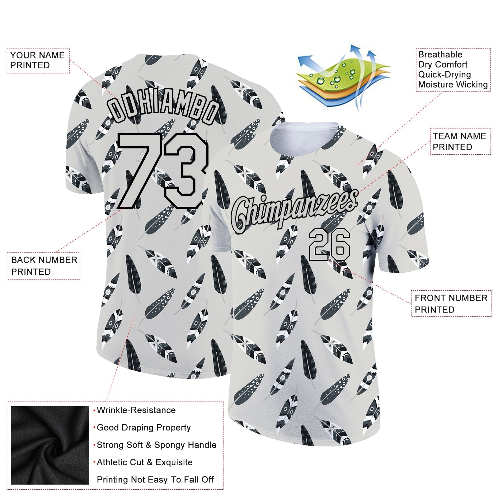 Custom Light Gray Black 3D Pattern Design Feather Performance T-Shirt view 2