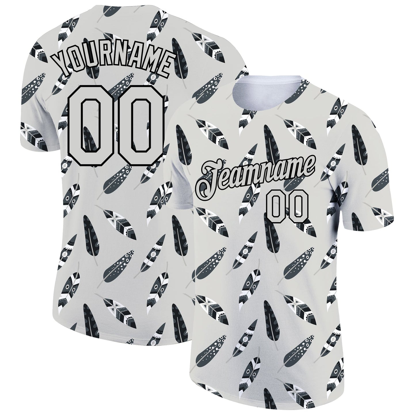 Custom Light Gray Black 3D Pattern Design Feather Performance T-Shirt - Main View