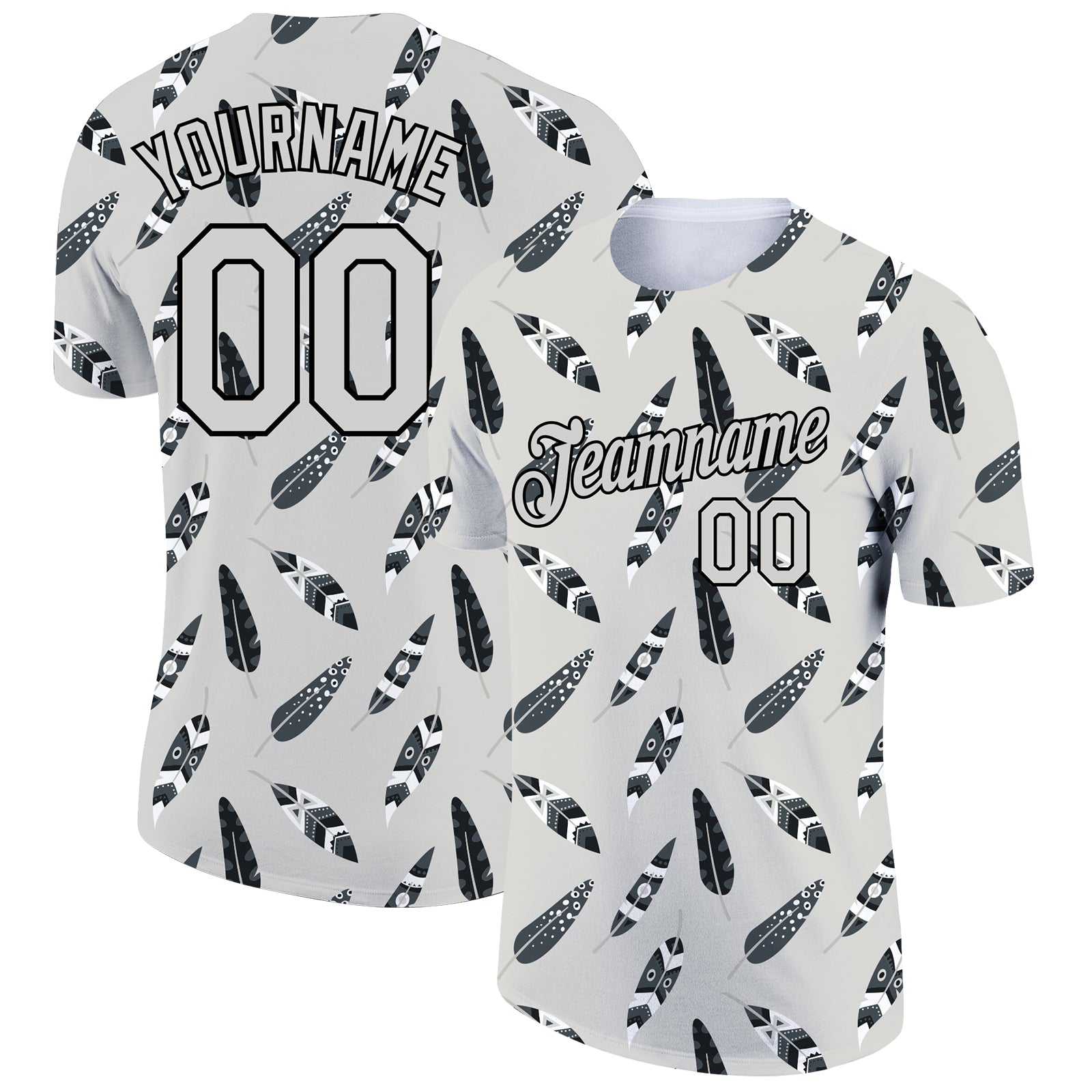 Custom Light Gray Black 3D Pattern Design Feather Performance T-Shirt - Main View