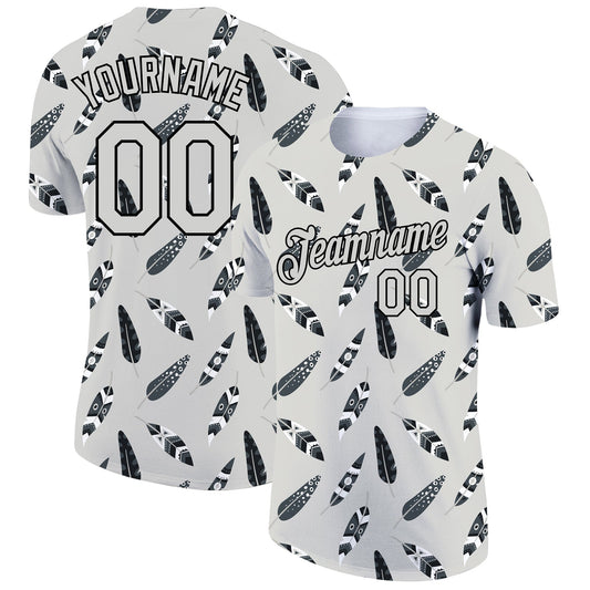 Custom Light Gray Black 3D Pattern Design Feather Performance T-Shirt - Main View