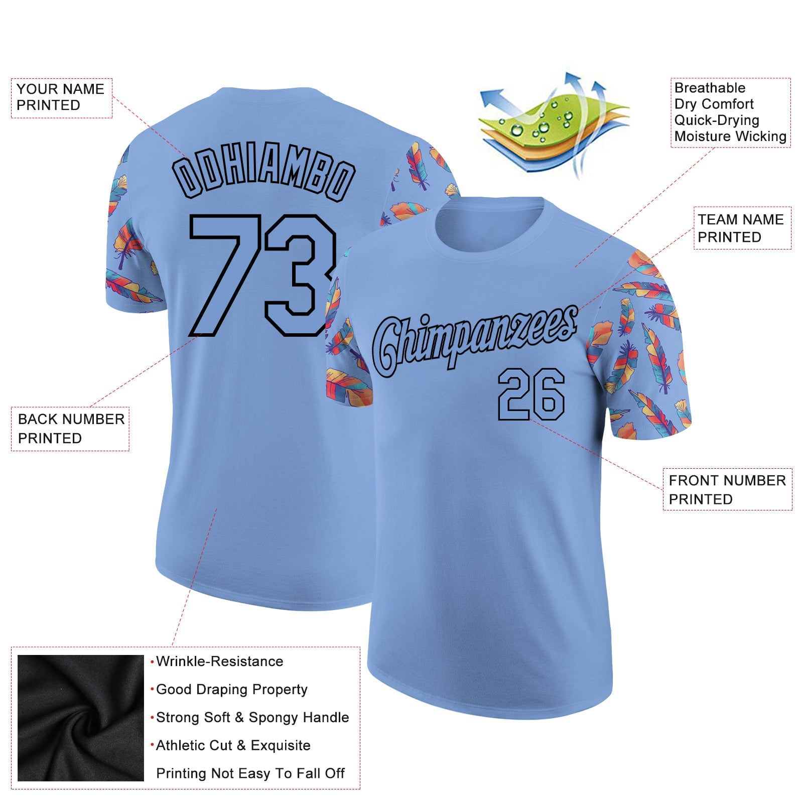 Custom Light Blue Black 3D Pattern Design Feather Performance T-Shirt view 2