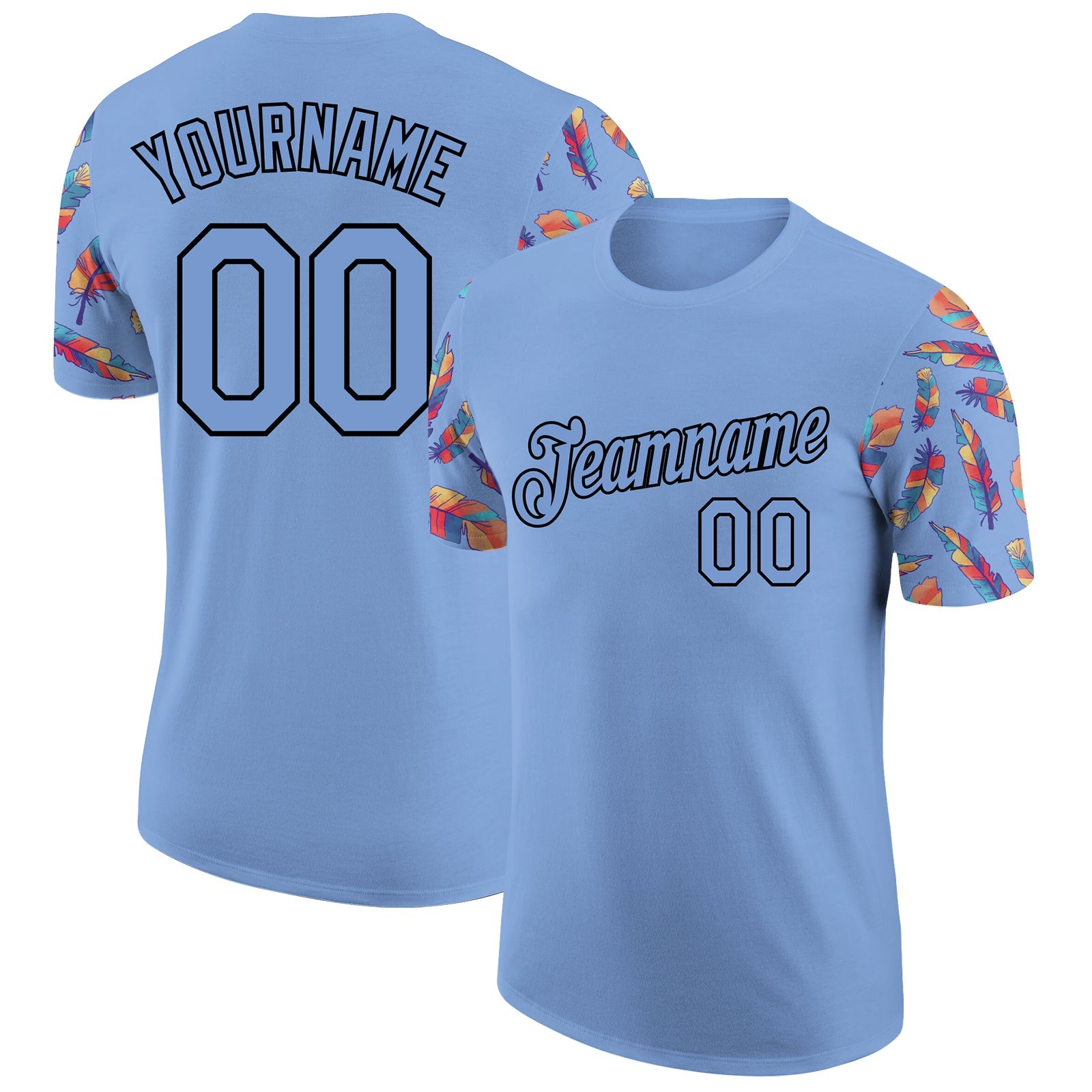 Custom Light Blue Black 3D Pattern Design Feather Performance T-Shirt - Main View