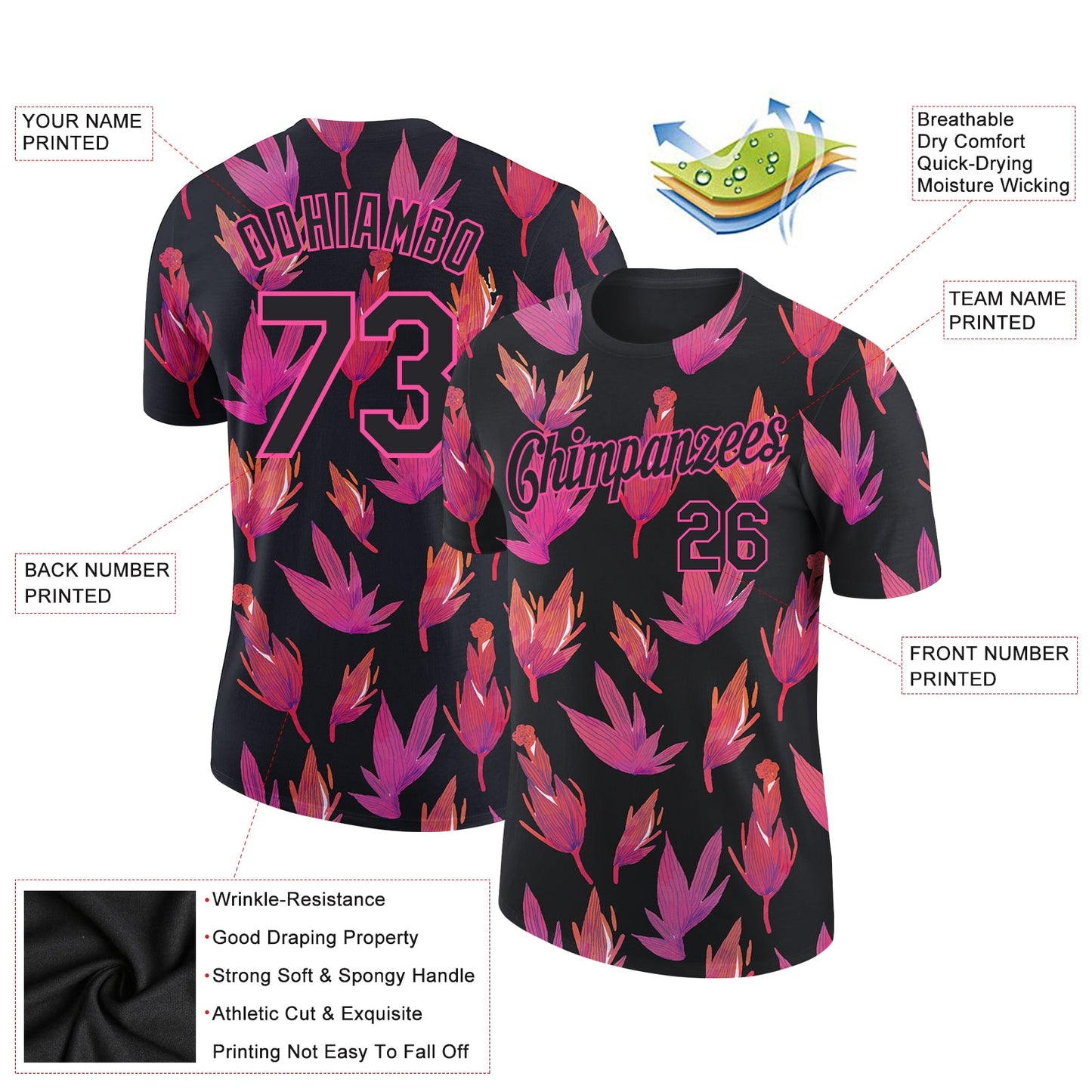 Custom Black Pink 3D Pattern Design Flower Performance T-Shirt view 2