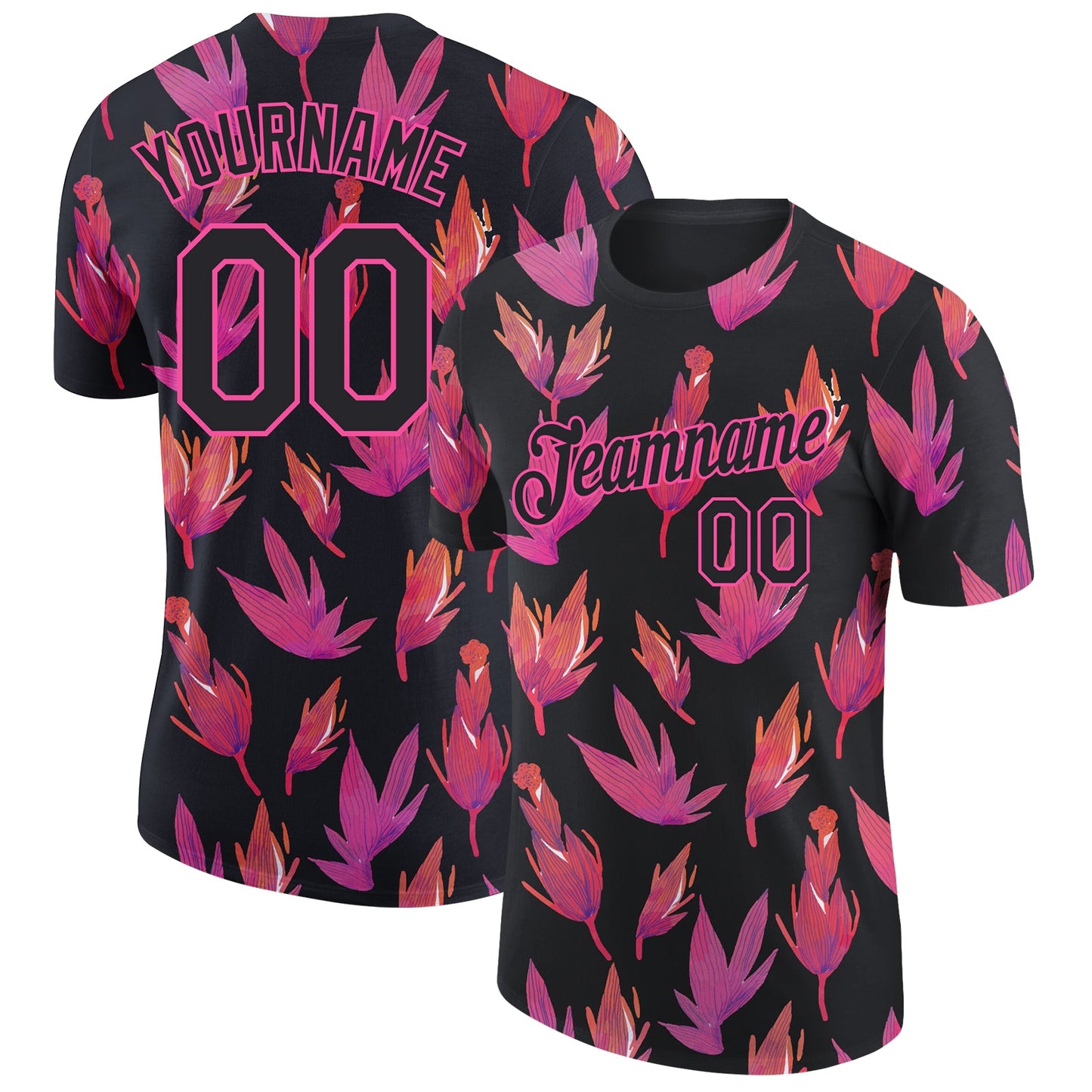 Custom Black Pink 3D Pattern Design Flower Performance T-Shirt - Main View