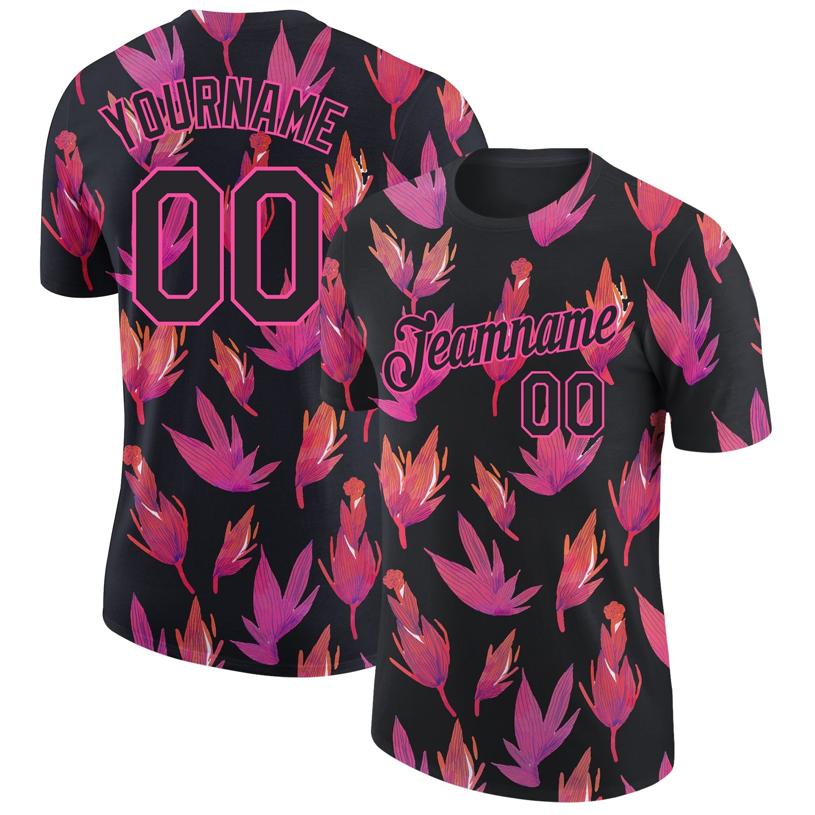 Custom Black Pink 3D Pattern Design Flower Performance T-Shirt - Main View
