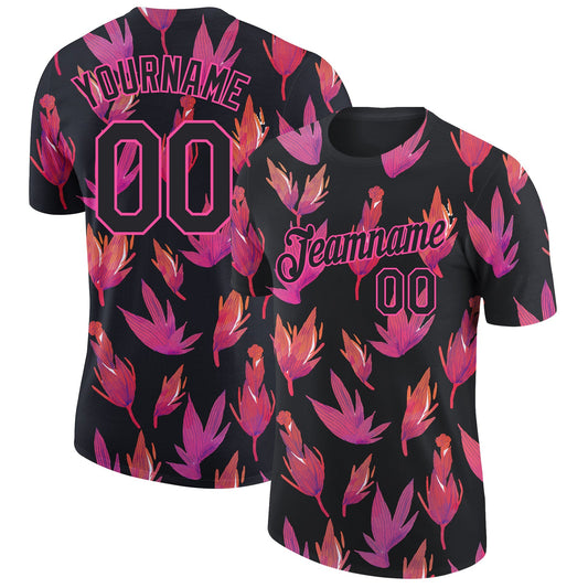 Custom Black Pink 3D Pattern Design Flower Performance T-Shirt - Main View