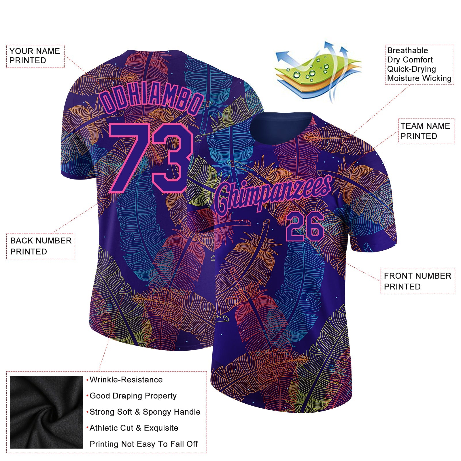 Custom Dark Purple Pink 3D Pattern Design Feather Performance T-Shirt view 2