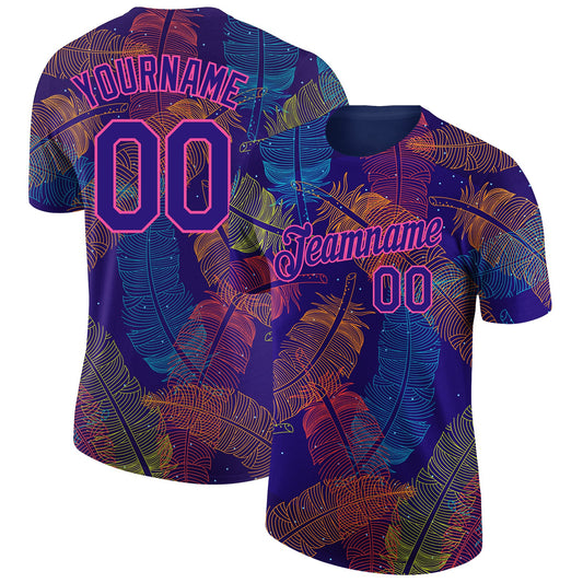 Custom Dark Purple Pink 3D Pattern Design Feather Performance T-Shirt - Main View