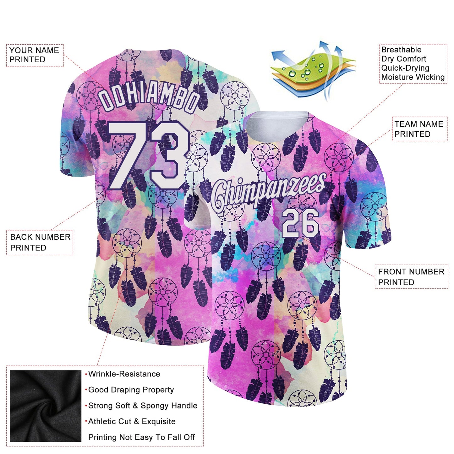 Custom White Purple 3D Pattern Design Feather And Dreamcatcher Performance T-Shirt view 2