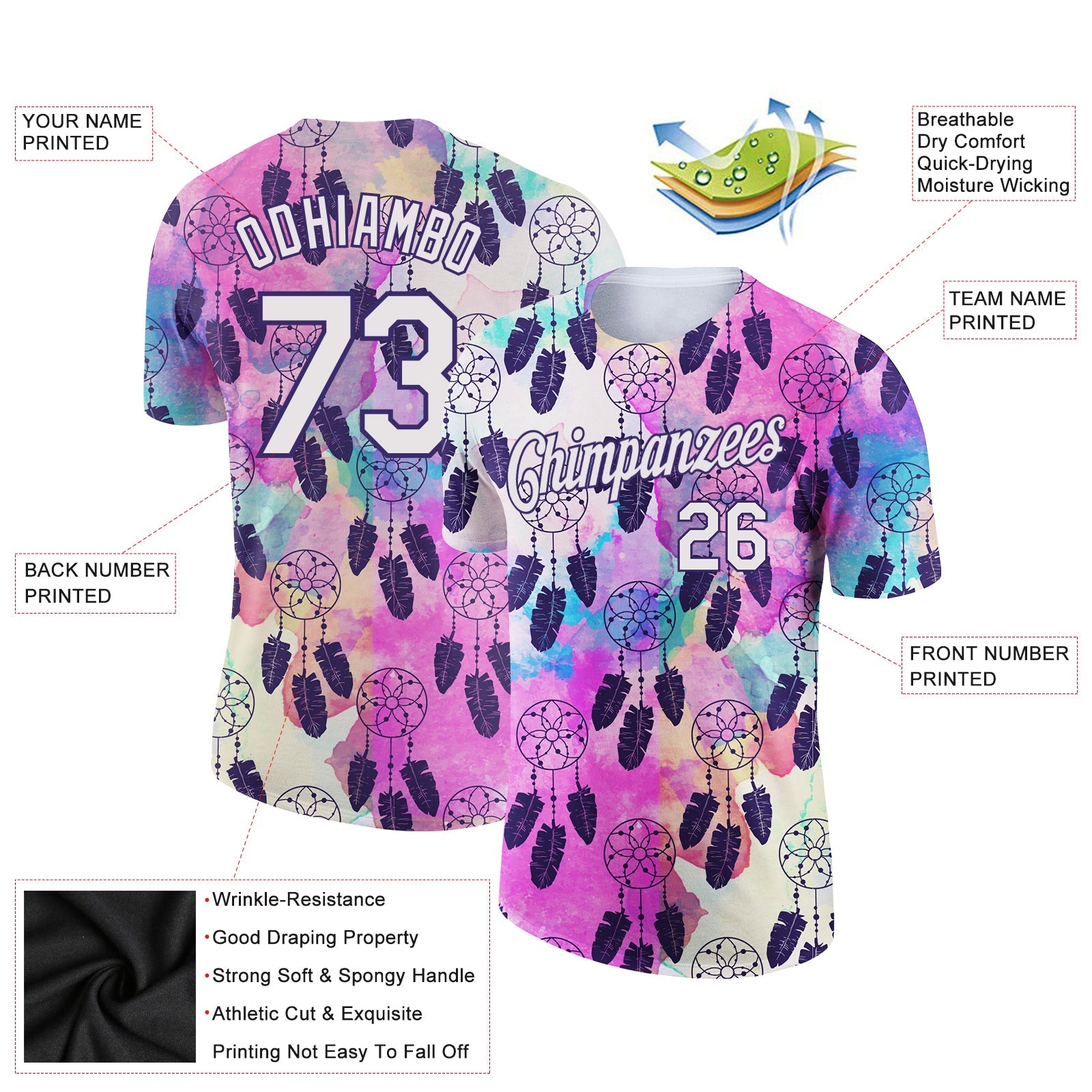 Custom White Purple 3D Pattern Design Feather And Dreamcatcher Performance T-Shirt view 2