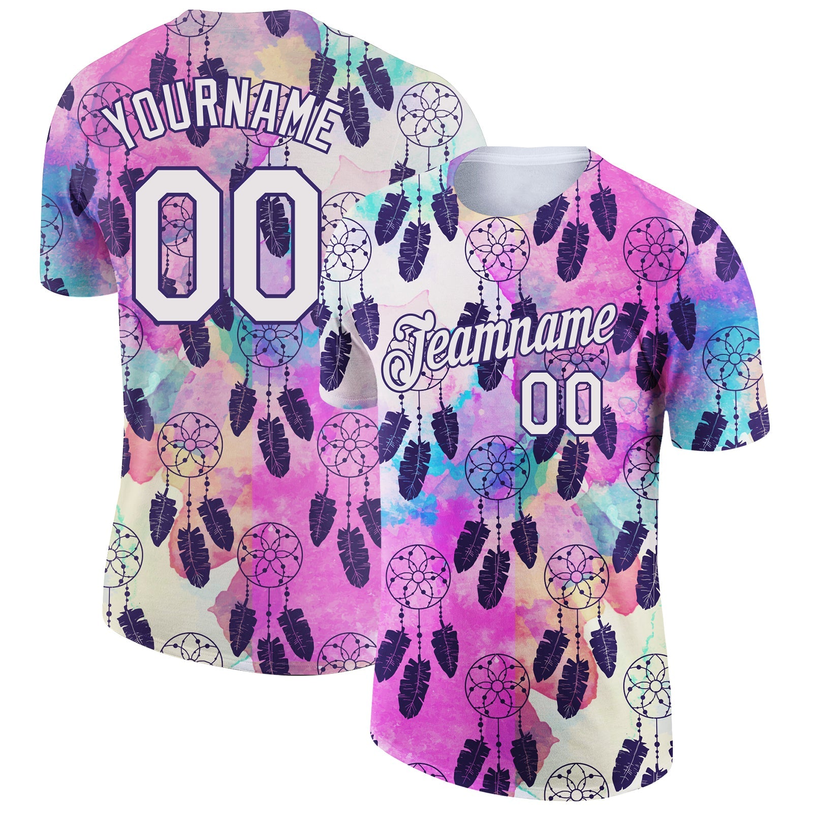 Custom White Purple 3D Pattern Design Feather And Dreamcatcher Performance T-Shirt - Main View
