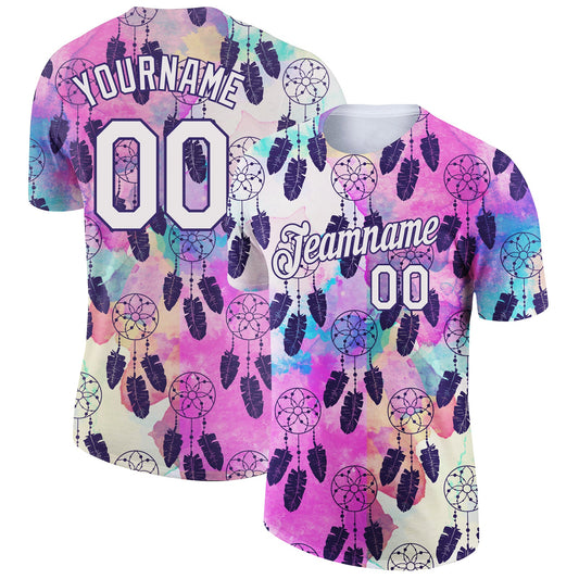 Custom White Purple 3D Pattern Design Feather And Dreamcatcher Performance T-Shirt - Main View