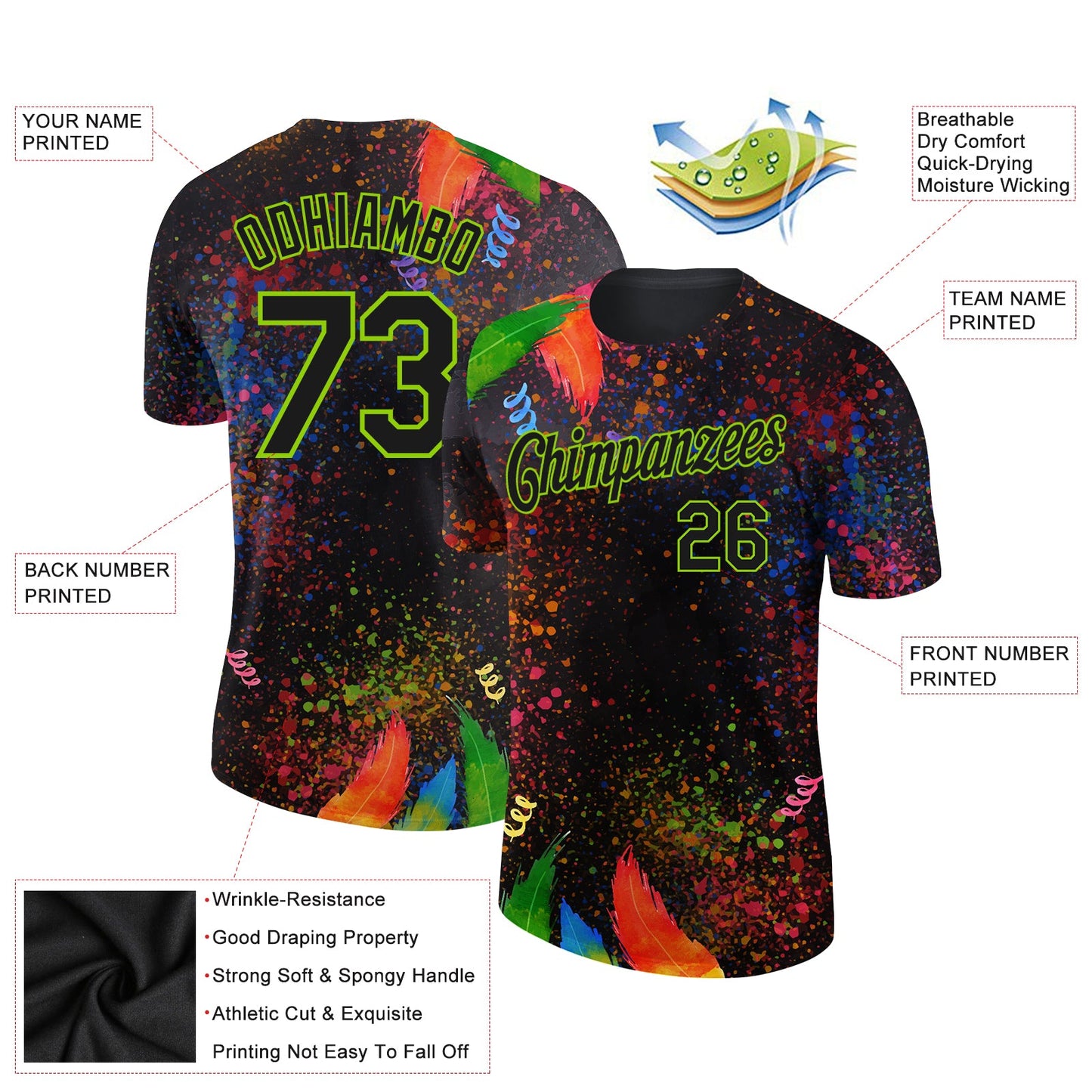 Custom Black Neon Green 3D Pattern Design Holi Festival Color Powder Performance T-Shirt view 2