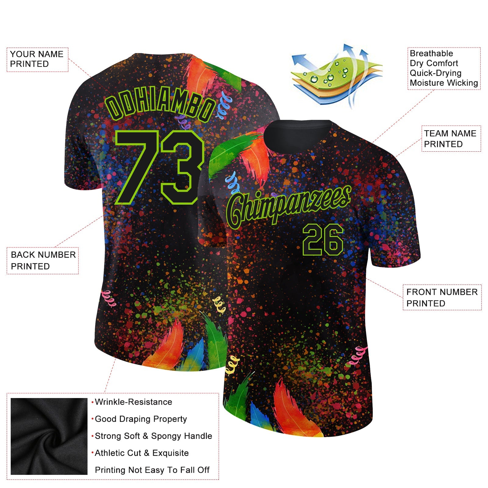 Custom Black Neon Green 3D Pattern Design Holi Festival Color Powder Performance T-Shirt view 2