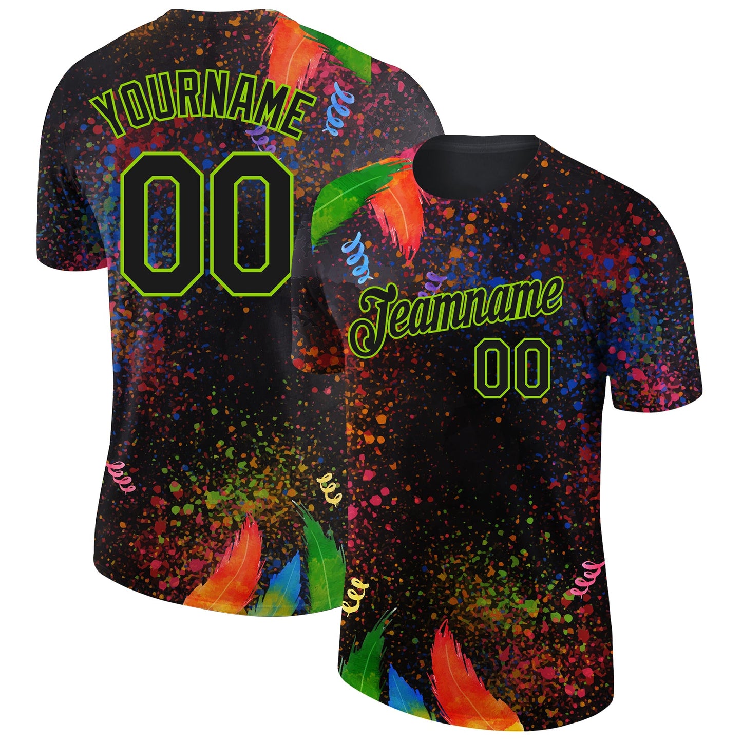 Custom Black Neon Green 3D Pattern Design Holi Festival Color Powder Performance T-Shirt - Main View