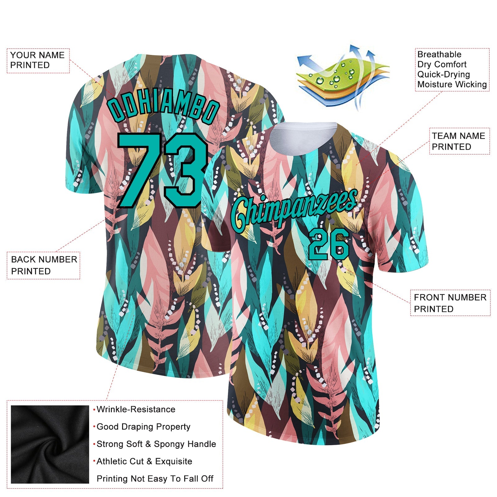 Custom Aqua Black 3D Pattern Design Tropical Palm Leaf Performance T-Shirt view 2