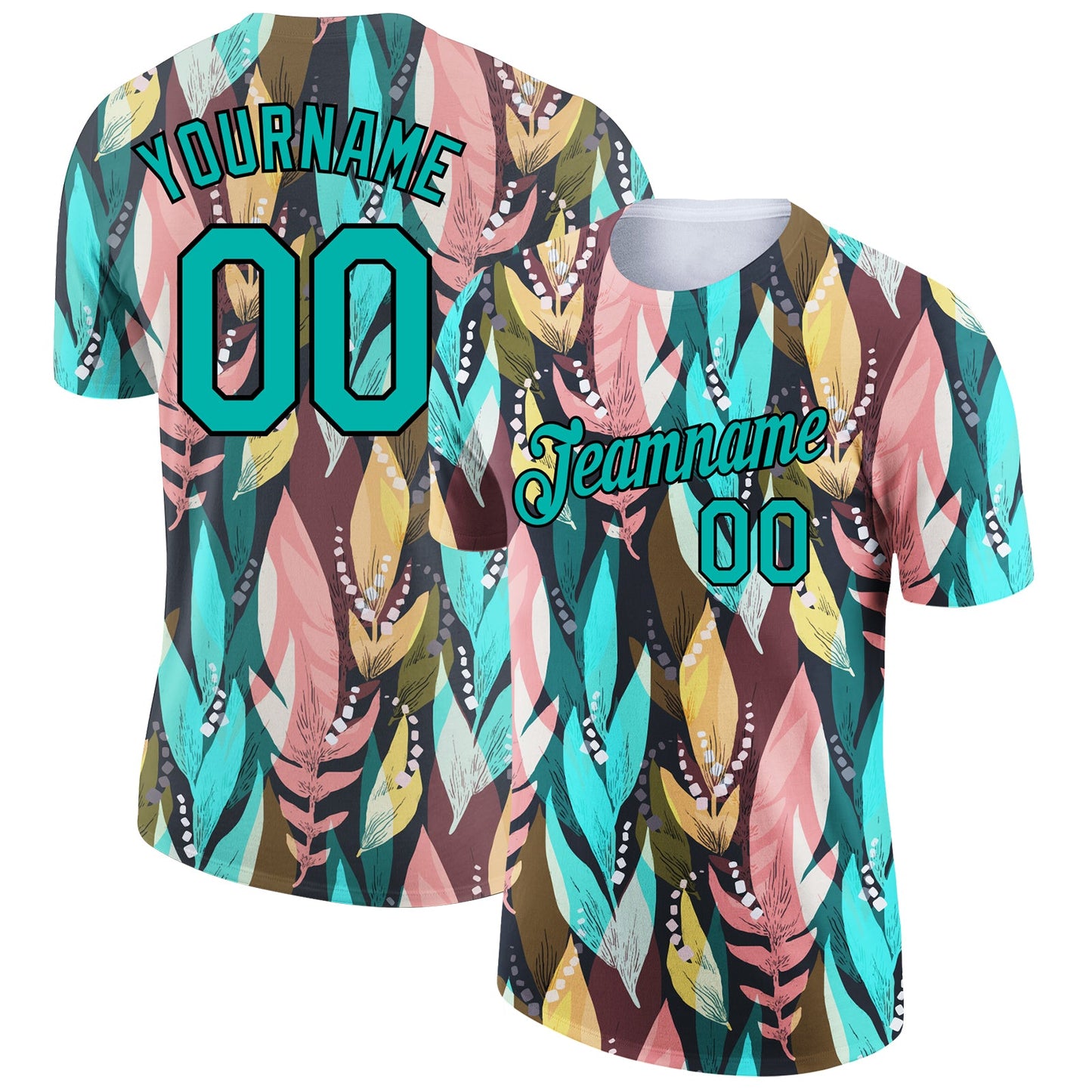 Custom Aqua Black 3D Pattern Design Tropical Palm Leaf Performance T-Shirt - Main View