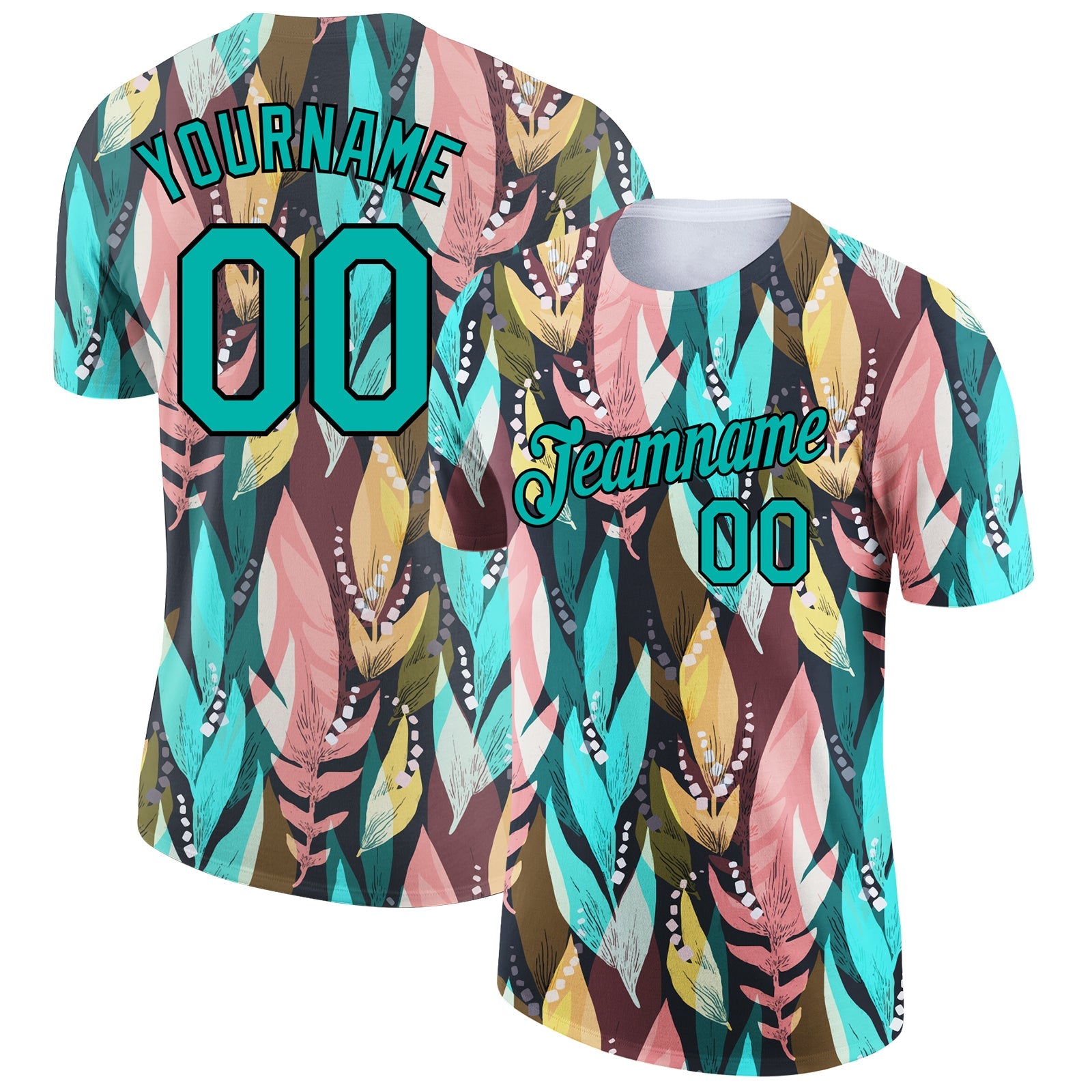 Custom Aqua Black 3D Pattern Design Tropical Palm Leaf Performance T-Shirt - Main View