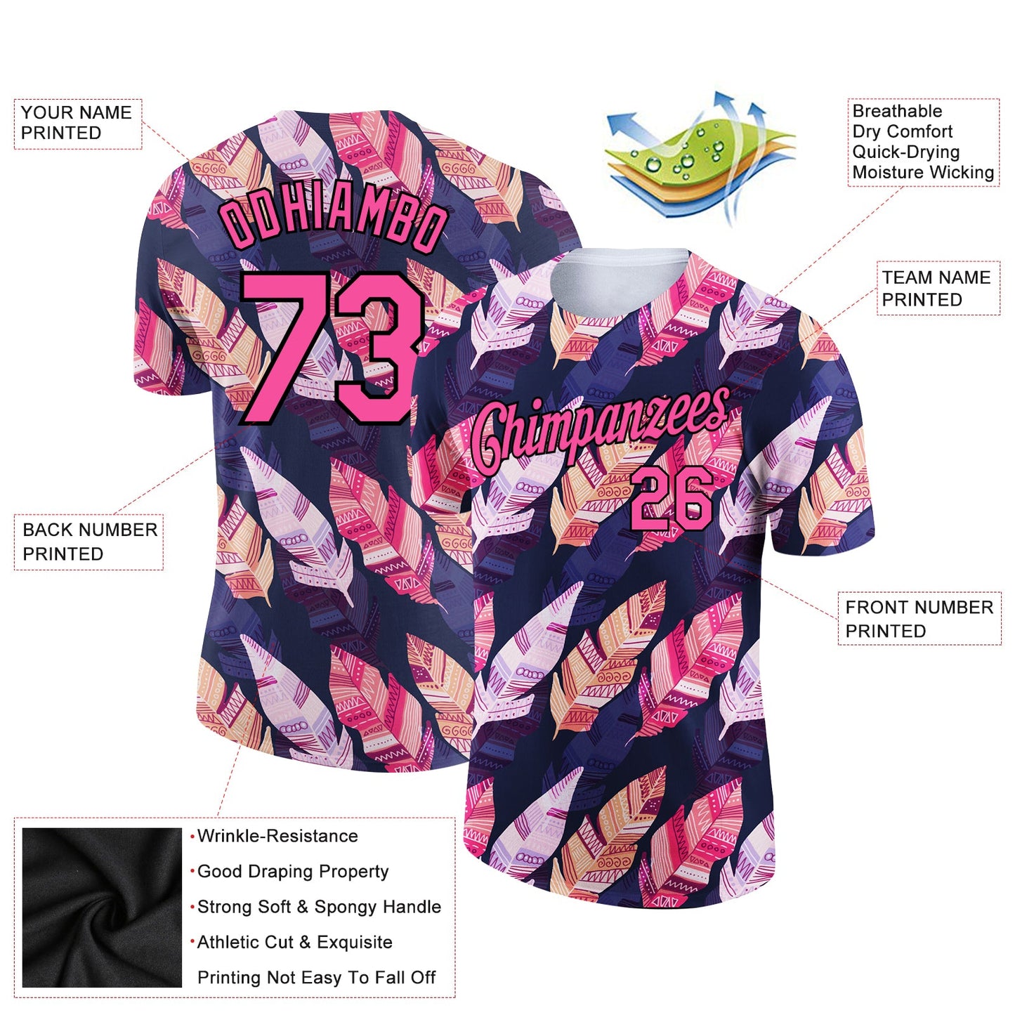 Custom Black Pink 3D Pattern Design Tropical Palm Leaf Performance T-Shirt view 2