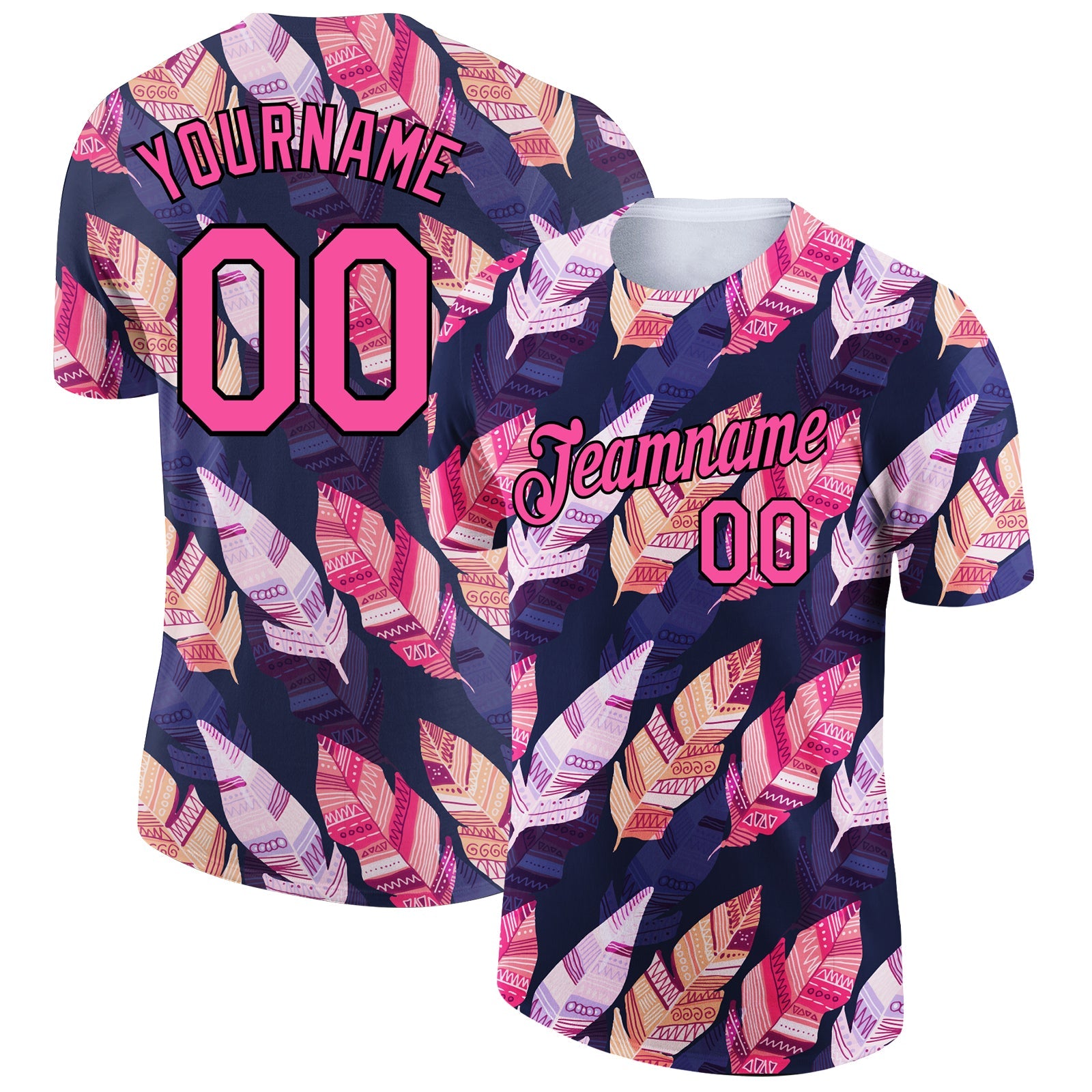 Custom Black Pink 3D Pattern Design Tropical Palm Leaf Performance T-Shirt - Main View