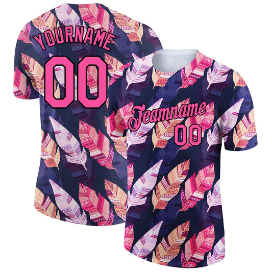 Custom Black Pink 3D Pattern Design Tropical Palm Leaf Performance T-Shirt - Main View