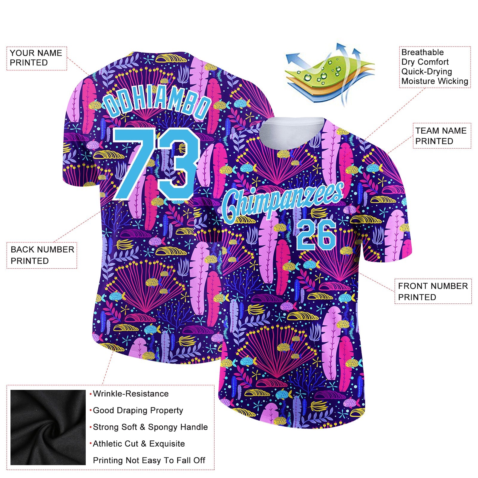 Custom Royal Sky Blue-White 3D Pattern Design Sea Coral Performance T-Shirt view 2