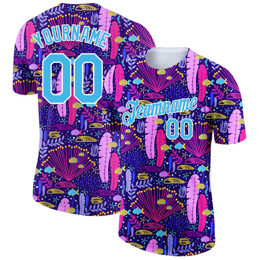 Custom Royal Sky Blue-White 3D Pattern Design Sea Coral Performance T-Shirt - Main View