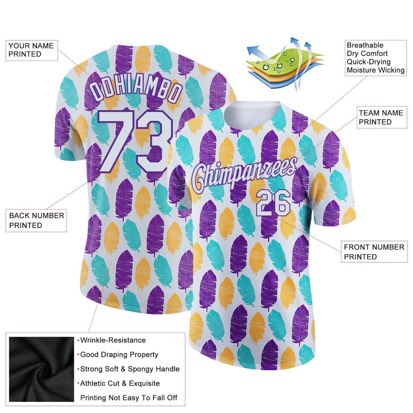 Custom White Purple 3D Pattern Design Feather Performance T-Shirt view 2