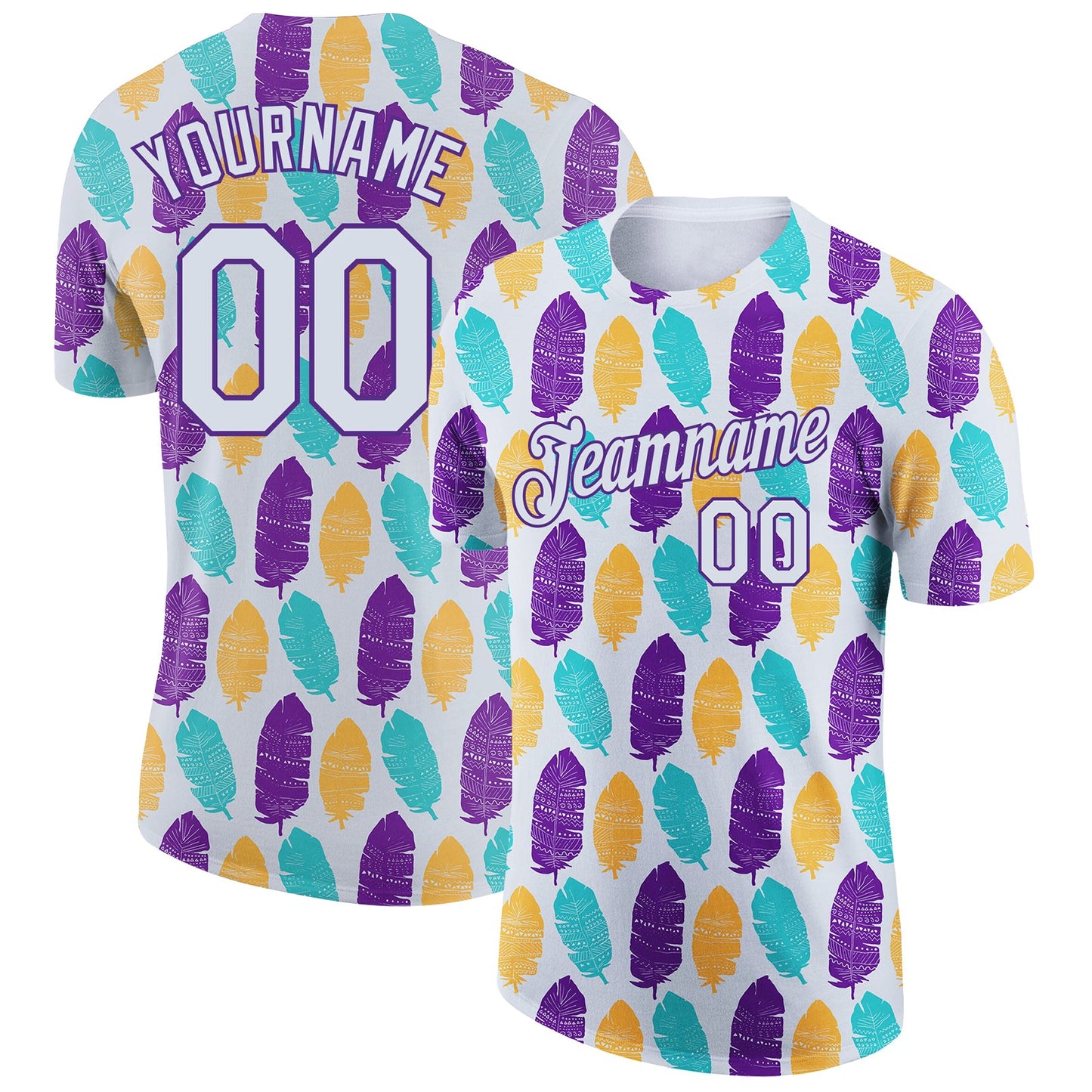 Custom White Purple 3D Pattern Design Feather Performance T-Shirt - Main View