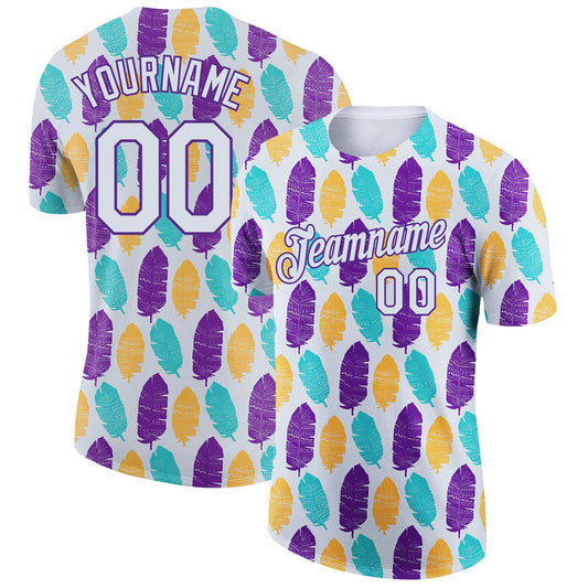 Custom White Purple 3D Pattern Design Feather Performance T-Shirt - Main View