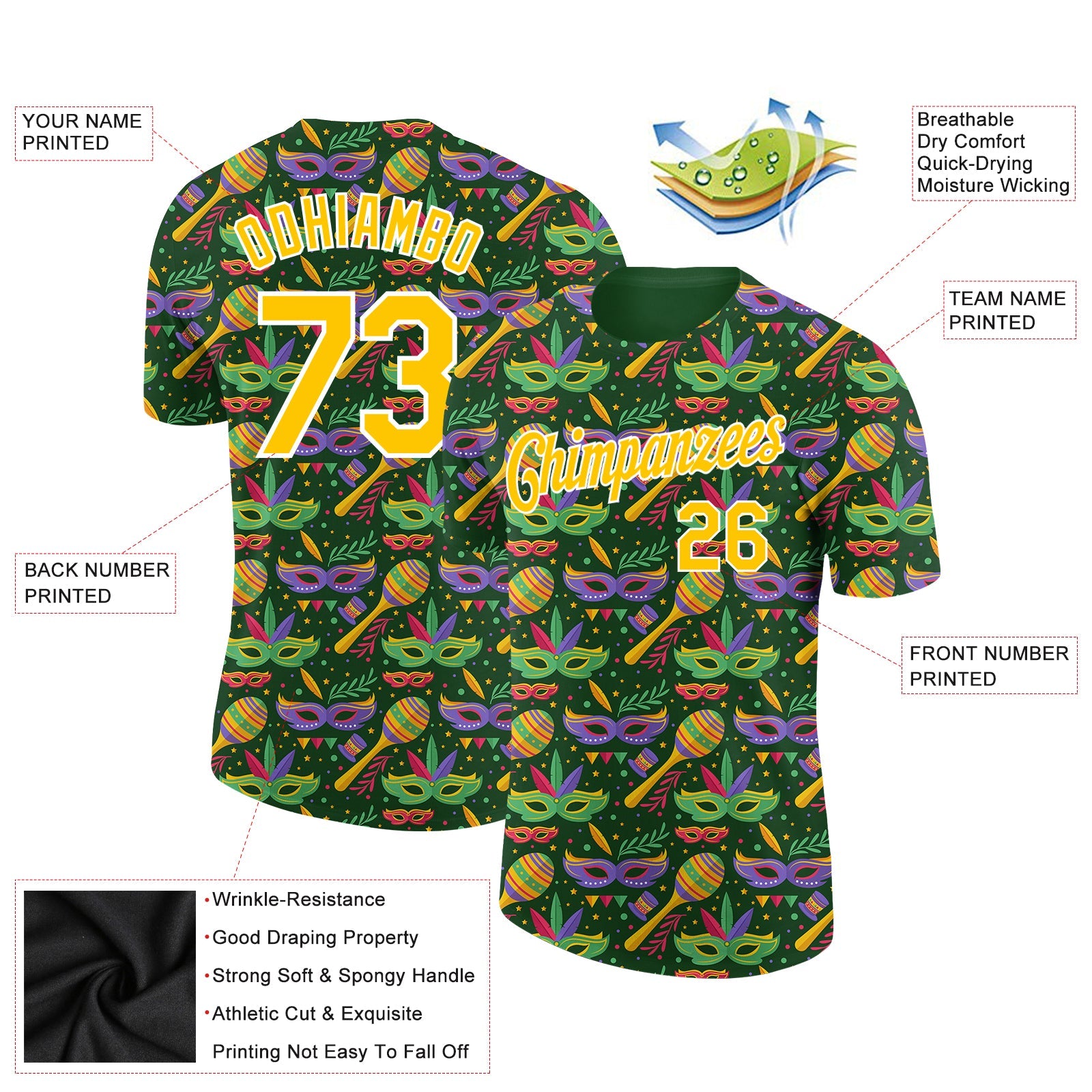Custom Kelly Green Yellow-White 3D Pattern Design Holiday Party Mask Performance T-Shirt view 2